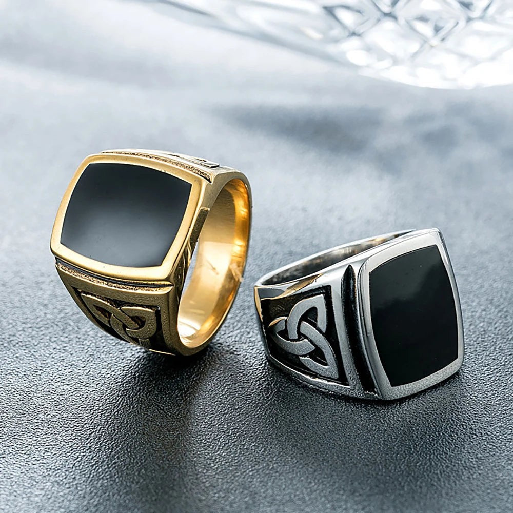 1️⃣ Nordic Viking Celtic Knot Ring Black Stone Stainless Steel Ring Men