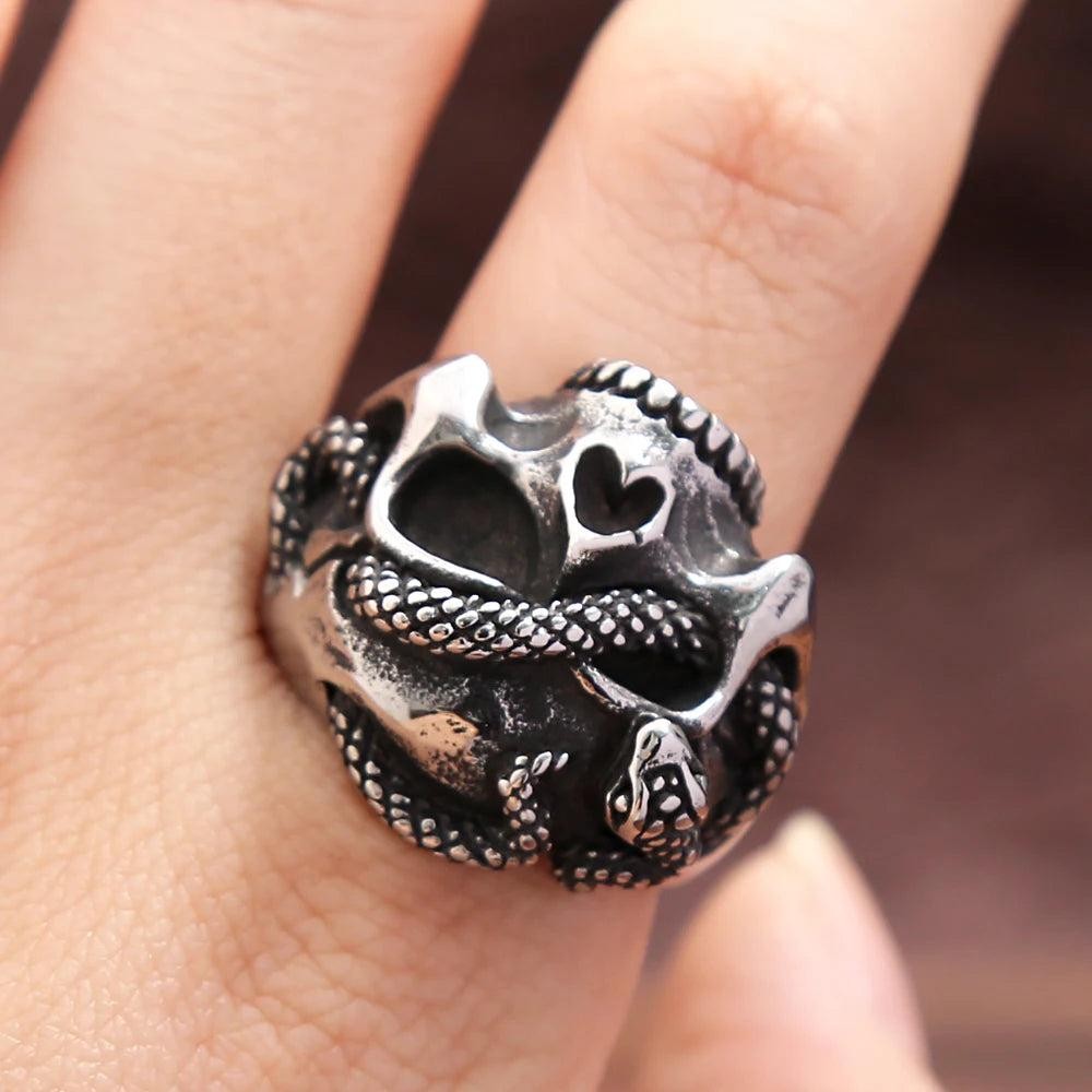 Gothic Skull Snake Ring Stainless Steel Punk Vintage Ring Men Women