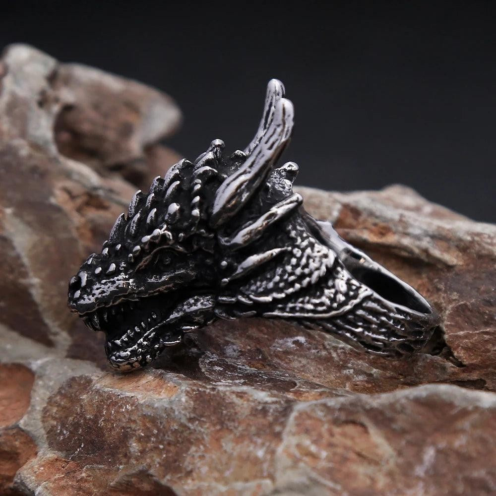 1️⃣ Viking Dragon Head Ring Stainless Steel Nordic Biker Amulet Ring Men