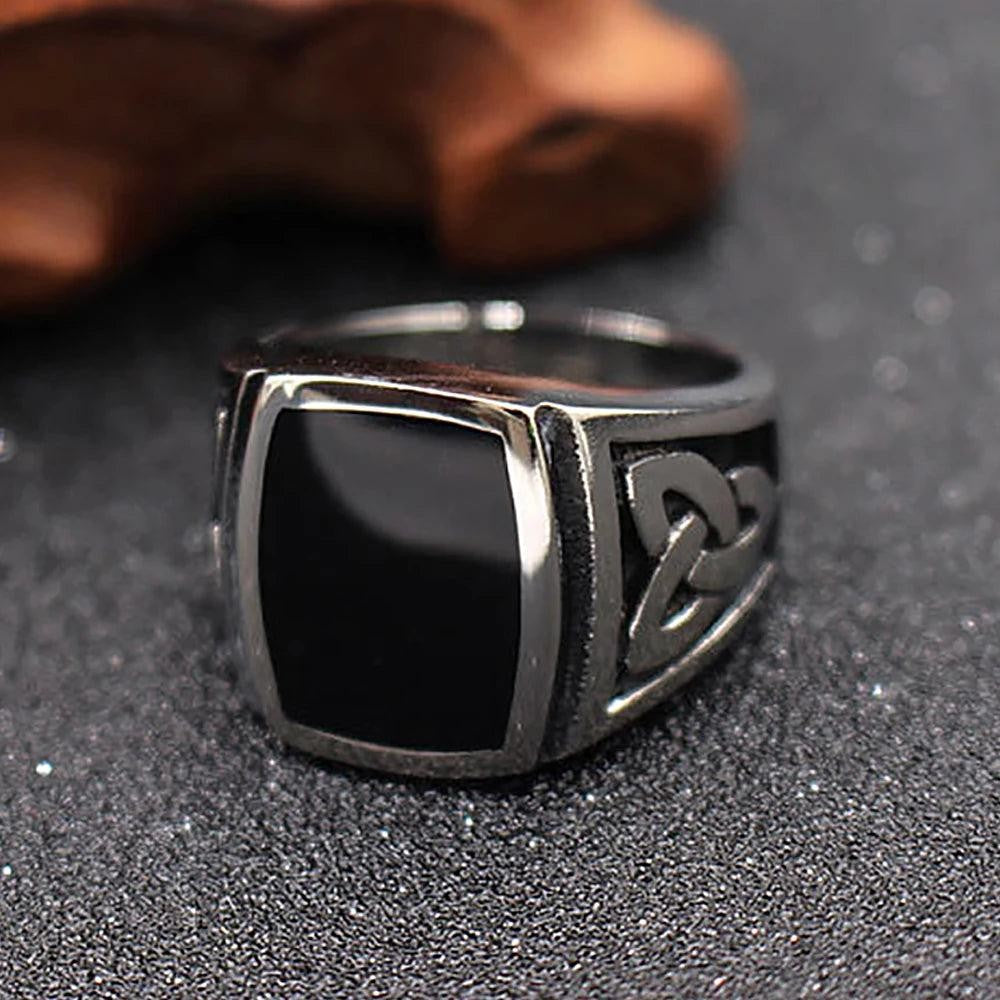 1️⃣ Nordic Viking Celtic Knot Ring Black Stone Stainless Steel Ring Men