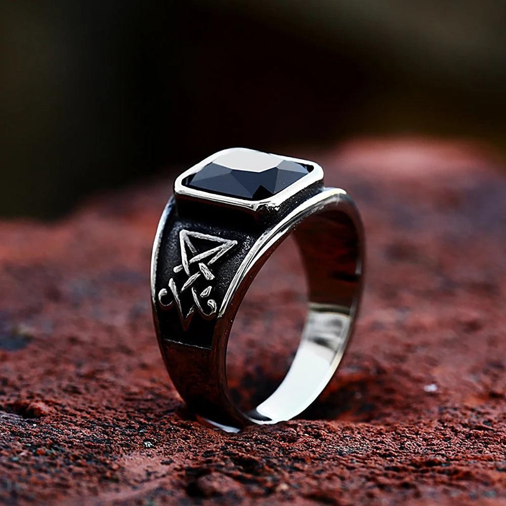 Vintage Lucifer Satan Signet Ring – Stainless Steel Gothic Black Stone Ring