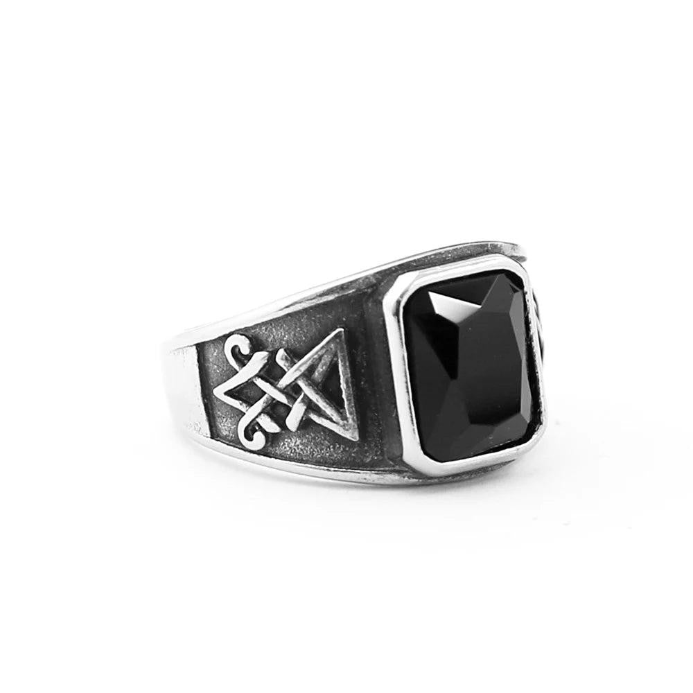 Vintage Lucifer Satan Signet Ring – Stainless Steel Gothic Black Stone Ring