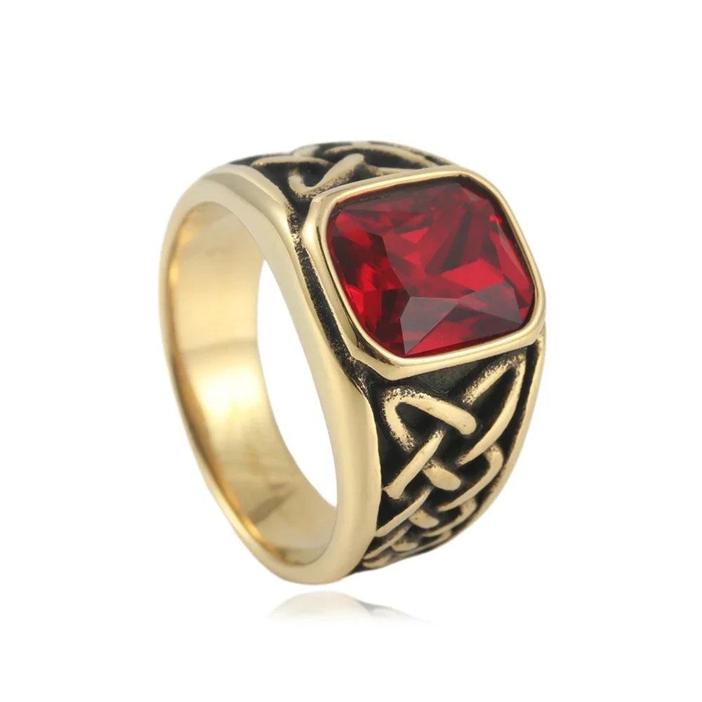 Stainless Steel Viking Rune Ring | Nordic Knot Square Red Stone Ring Unisex