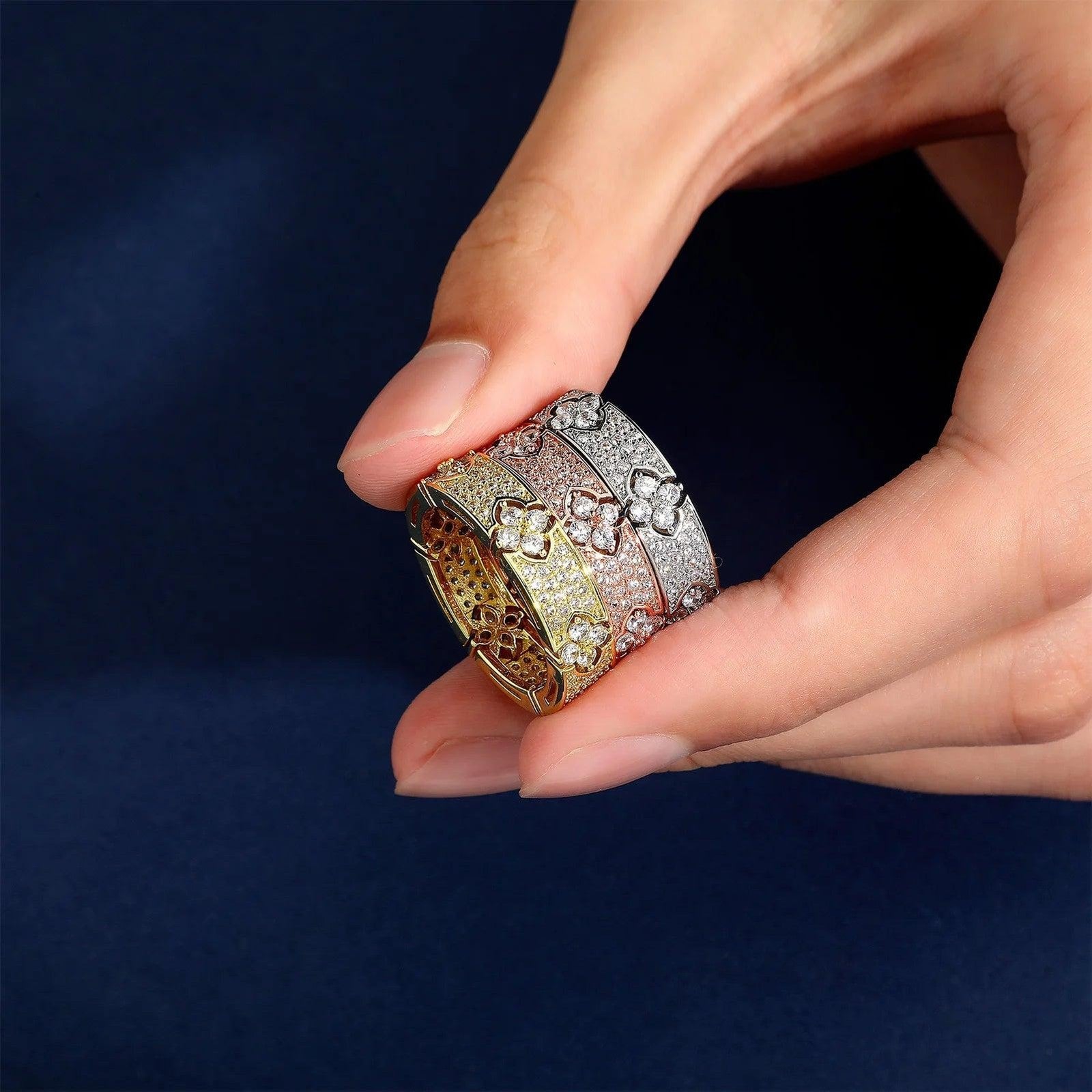 6MM Four Leaf Flower Ring | Iced Out Micro Pave CZ Engagement Ring for Men Women
