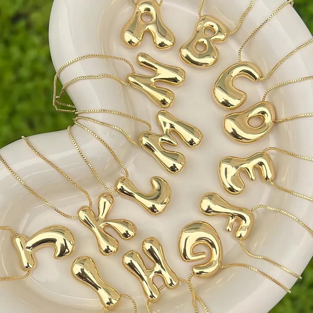 Stainless Steel PVD Bubble Chunky Initial Pendant Necklace 26 Letters Zircon Jew