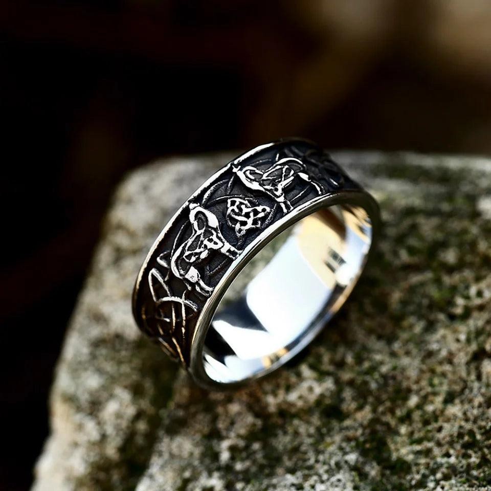 Stainless Steel Viking Wolf Ring | Celtic Knot Nordic Punk Amulet Ring