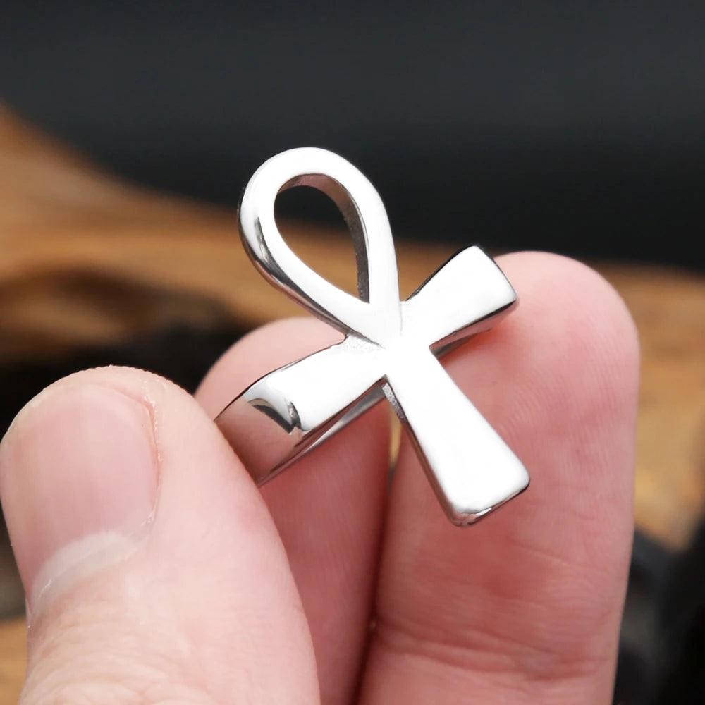 TOGA PULLACN Stainless Steel Egyptian Ankh Cross Finger Rings Punk Jewelry for M