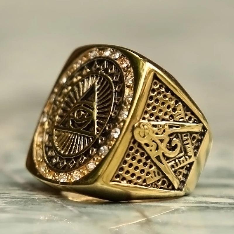 1️⃣ All Seeing Eye Ring Masonic Stainless Steel Crystal Gold Gothic Ring for Men