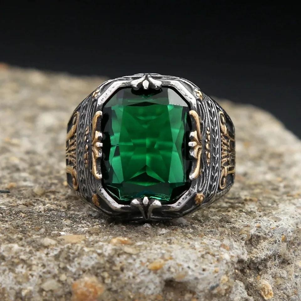316L Stainless Steel Green Stone Turkish Signet Ring Punk Biker Men Women
