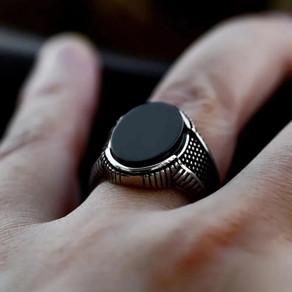 Natural Black Agate Vintage Gothic Ring 316L Stainless Steel  Turkish  Punk Ring