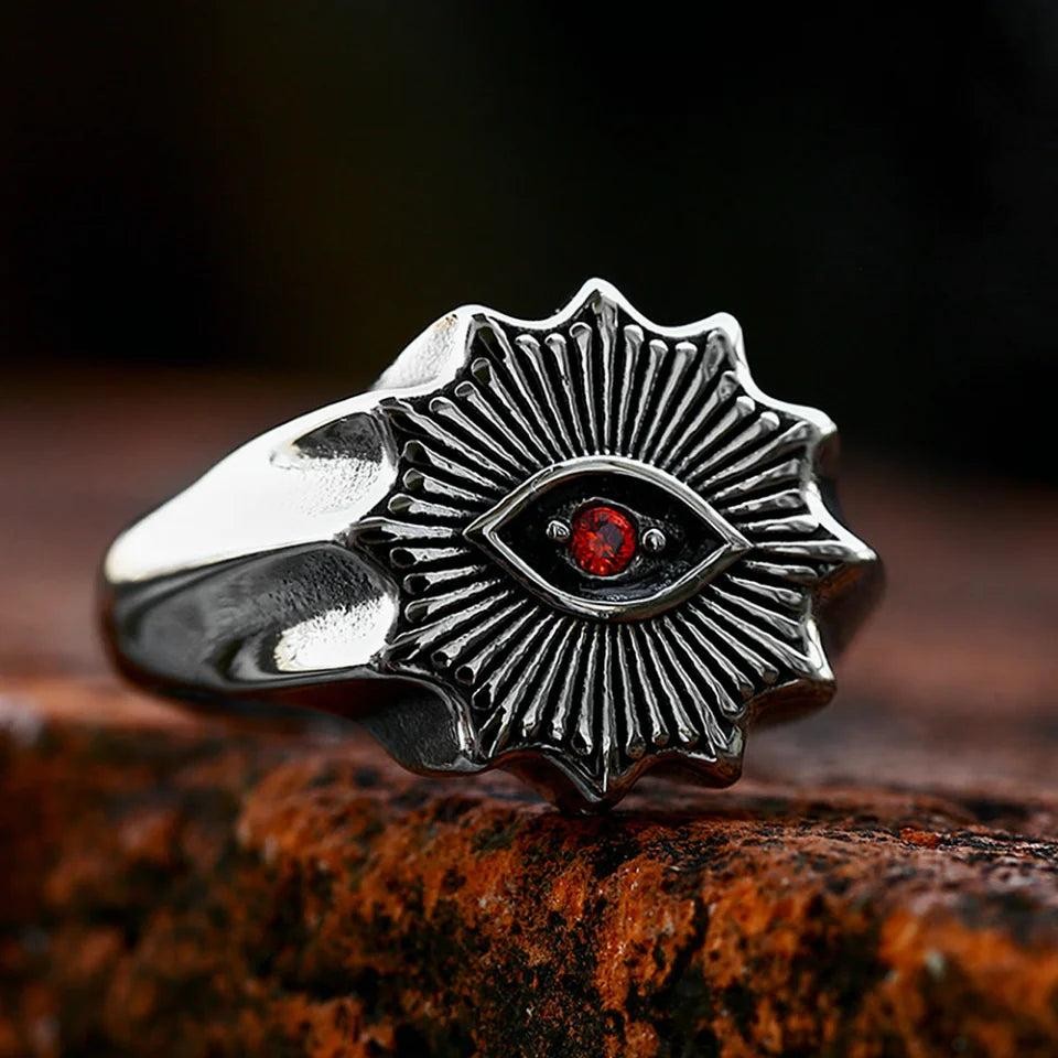 1️⃣ Demon Eye Ring Red Stone Stainless Steel Gothic Biker Ring for Men