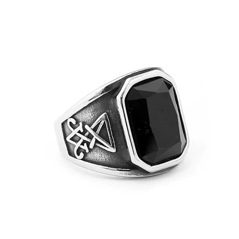 Vintage Lucifer Satan Signet Ring – Stainless Steel Gothic Black Stone Ring