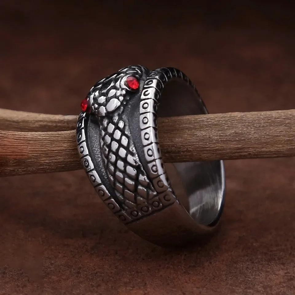 316L Stainless Steel Snake Ring Red Stone Eye Punk Vintage Ring Men Women