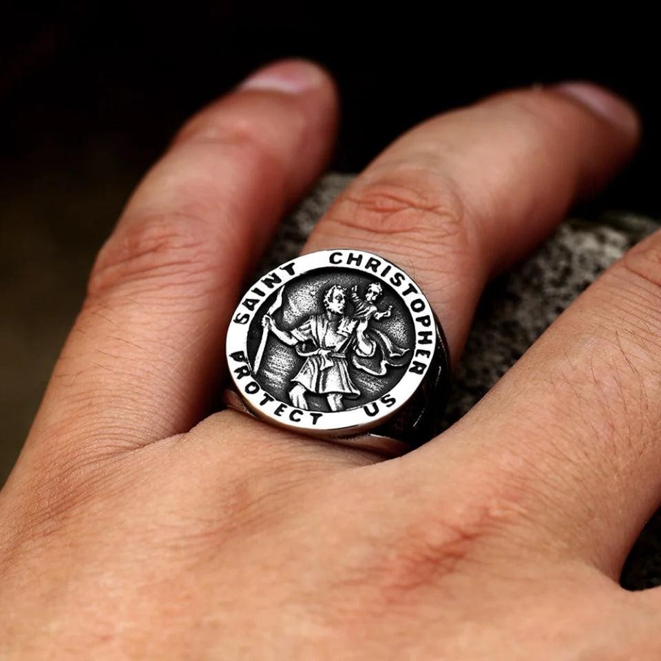 316L Stainless Steel St Christopher Ring | Vintage Renaissance Cross Biker Ring