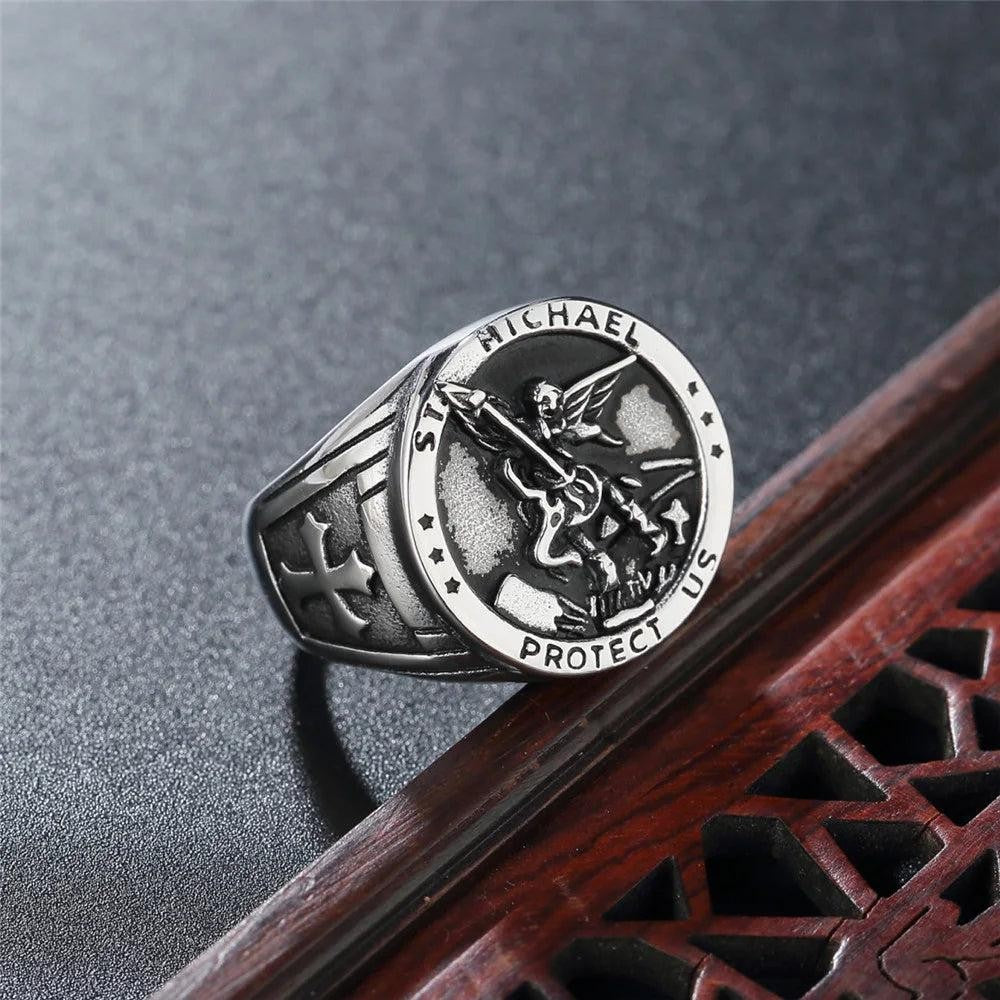 1️⃣ Saint Michael Angel Ring Stainless Steel Catholic Amulet Ring for Men