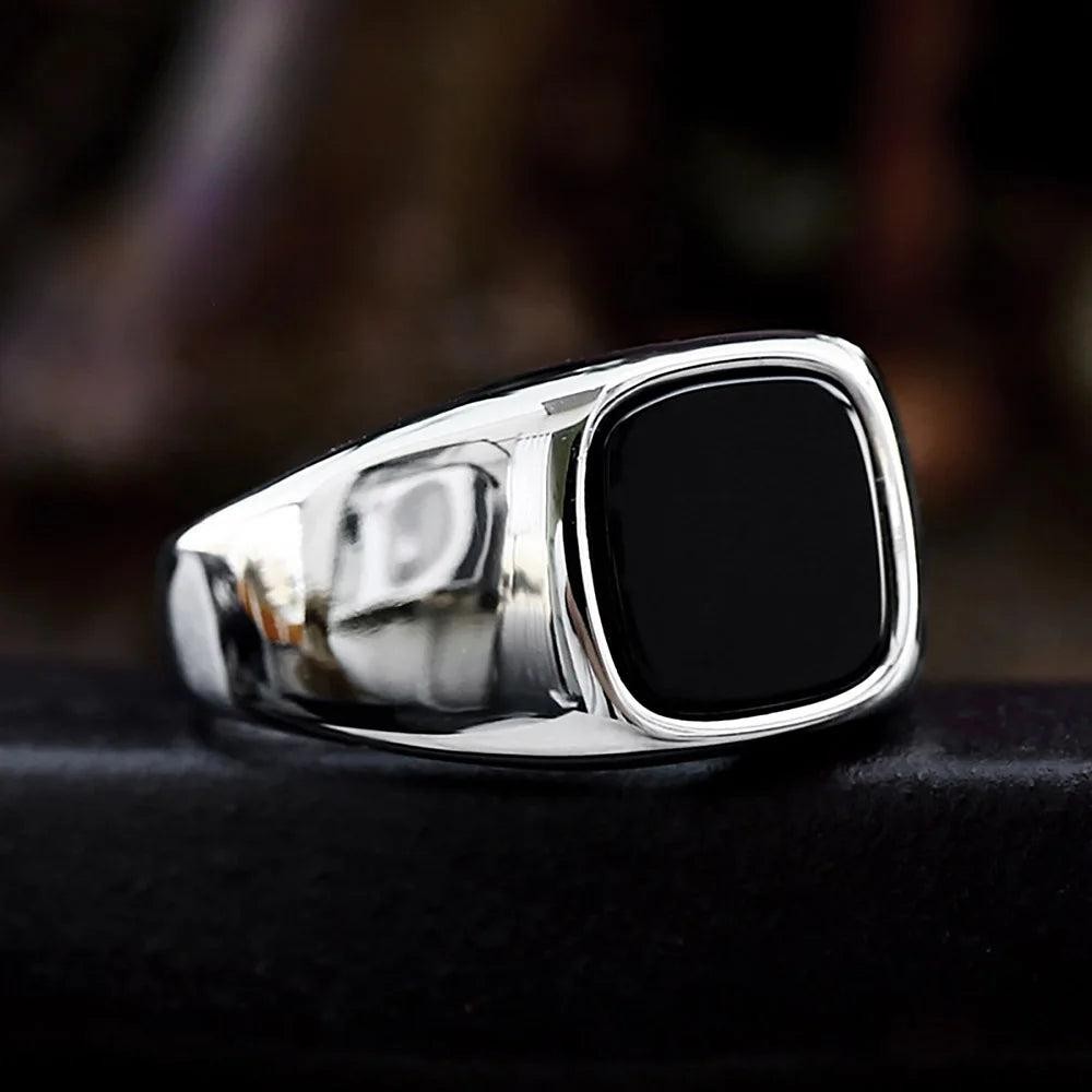 Stainless Steel Black Agate Square Ring Punk Biker Signet Ring Men Women