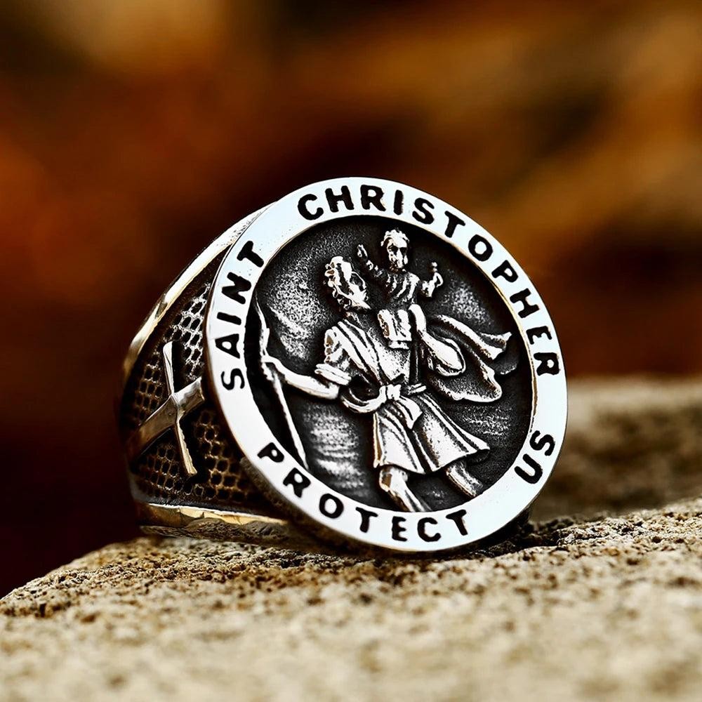 316L Stainless Steel St Christopher Ring | Vintage Renaissance Cross Biker Ring