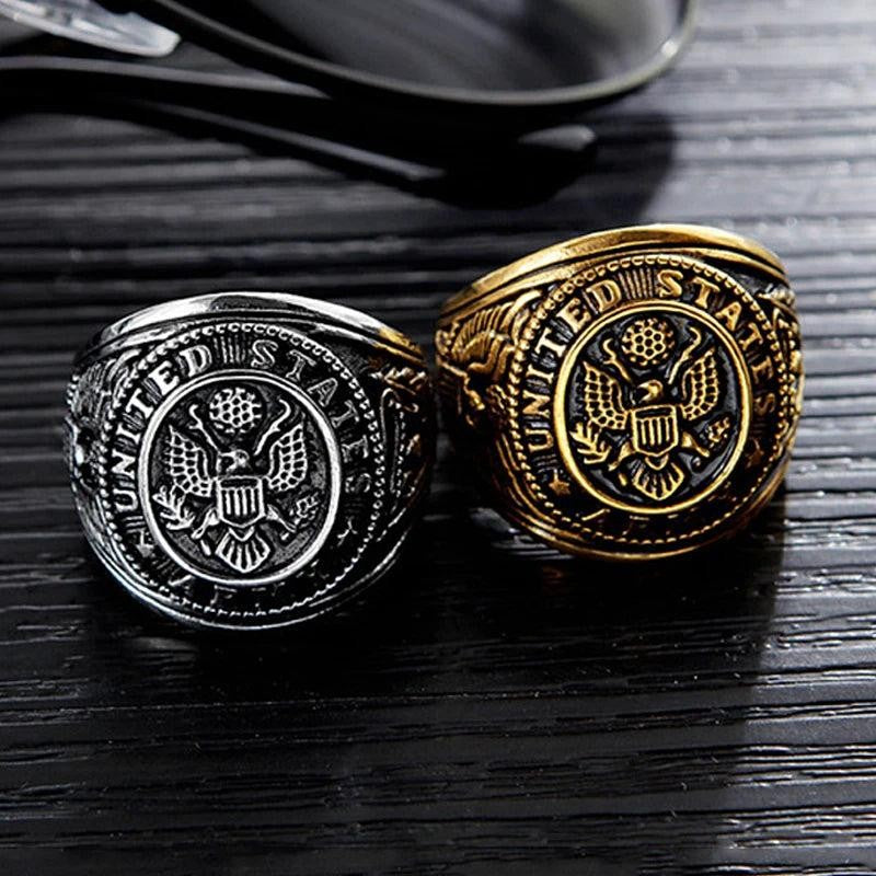 1️⃣ US Army Military Ring Stainless Steel Eagle Ring Gold Silver Men