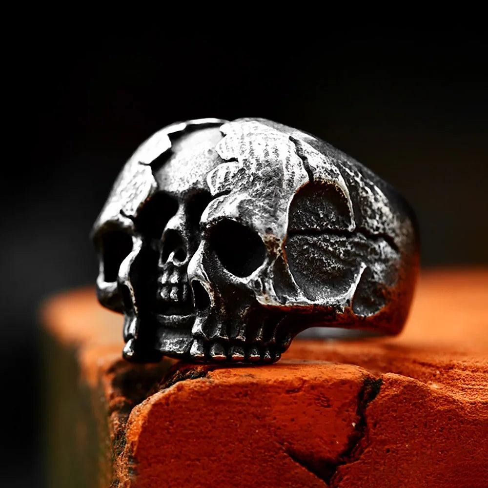 Gothic Broken Skull Ring Stainless Steel Biker Skeleton Ring Men