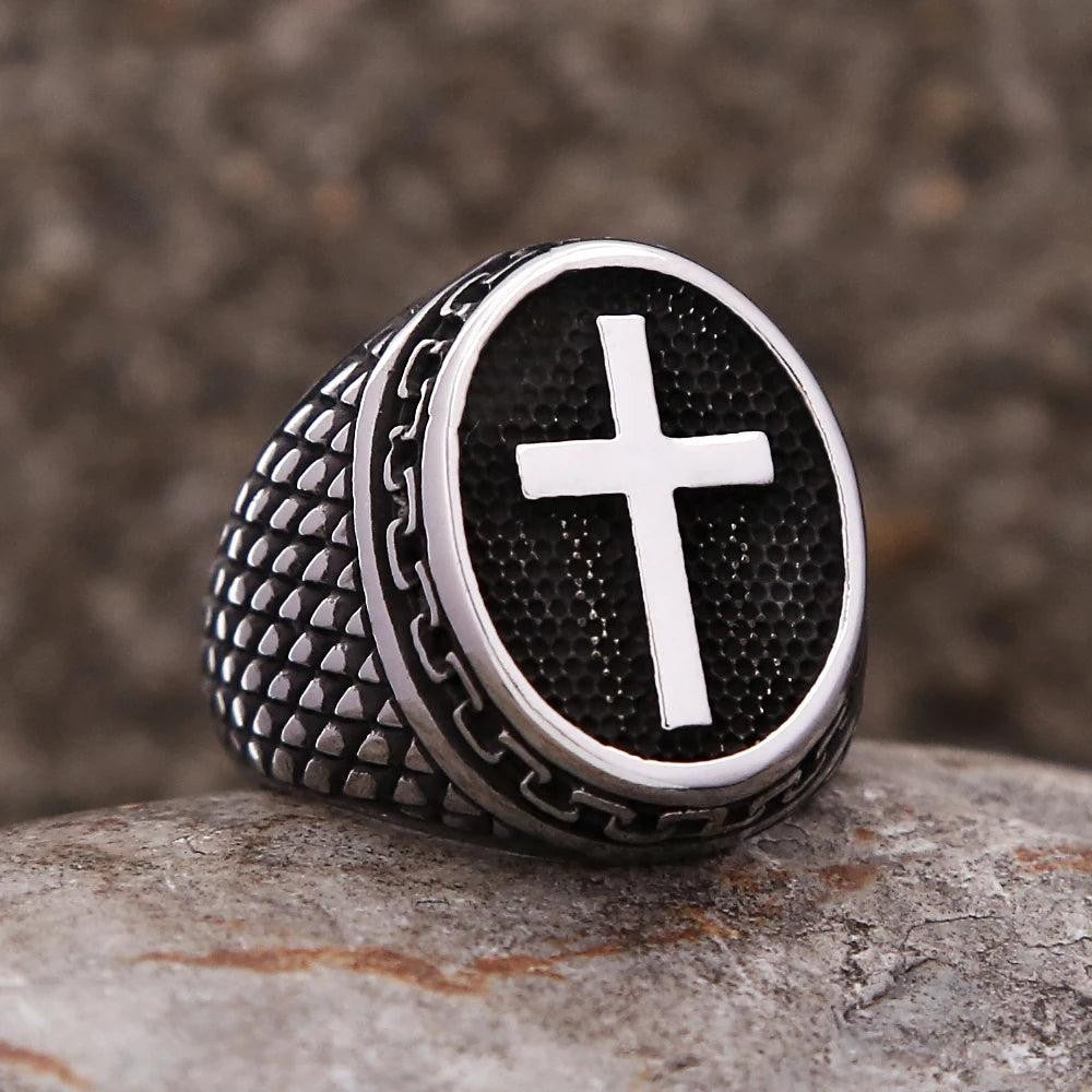 Stainless Steel Christian Cross Ring Punk Biker Religious Ring Men Women