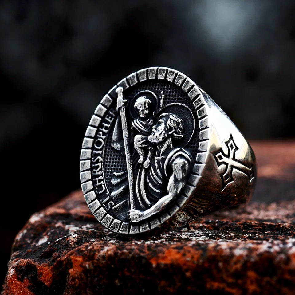 316L Stainless Steel St Christopher Ring | Vintage Renaissance Cross Biker Ring