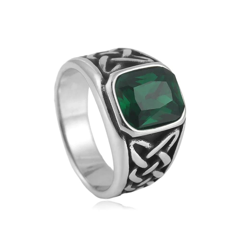 Stainless Steel Viking Rune Ring | Nordic Knot Square Red Stone Ring Unisex