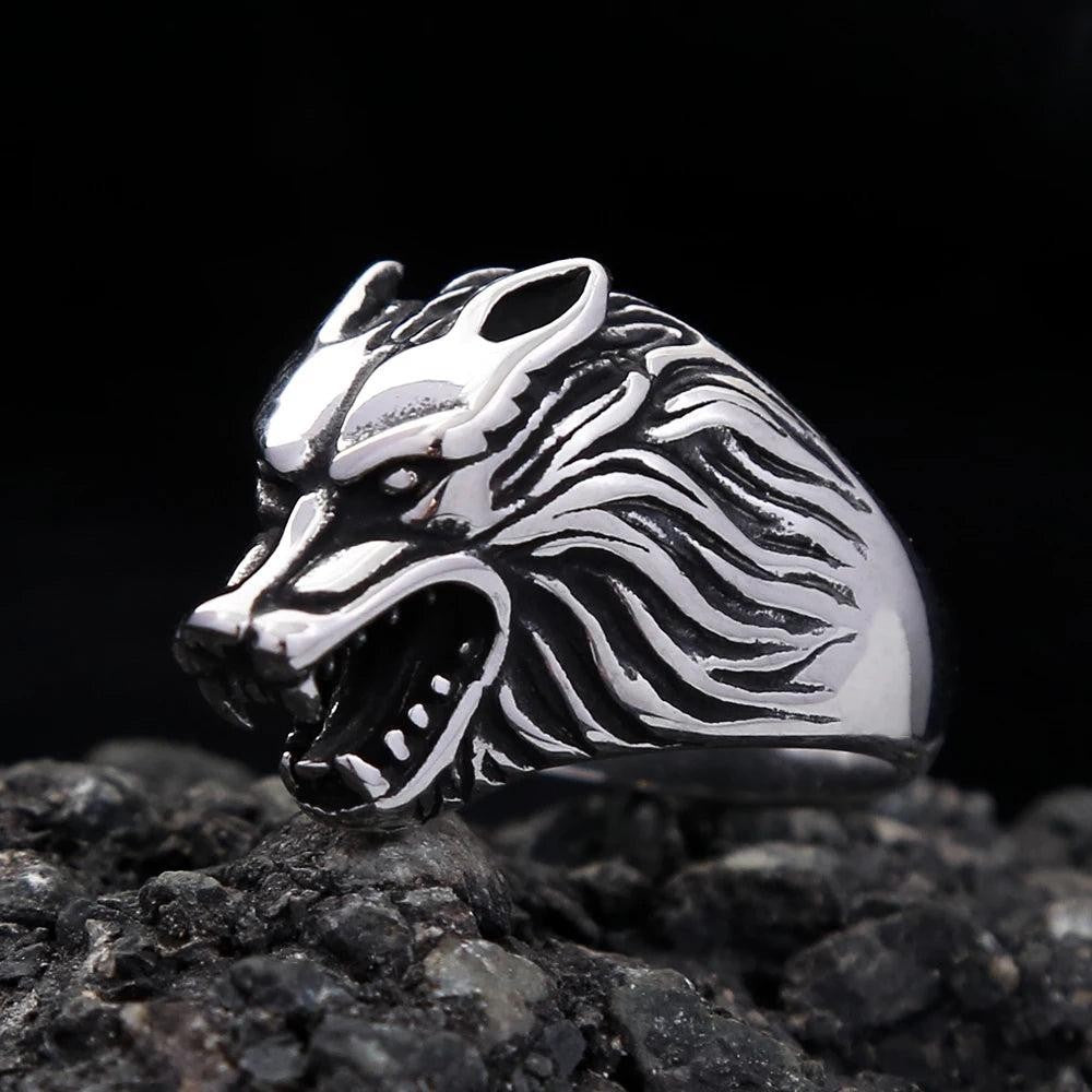 Stainless Steel Viking Wolf Head Ring | Nordic Biker Animal Ring for Men Women
