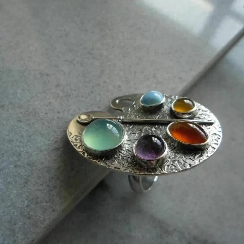 Creative Geometry Silver Metal Oval Inlaid Colored Stones Adjustable Women Ring