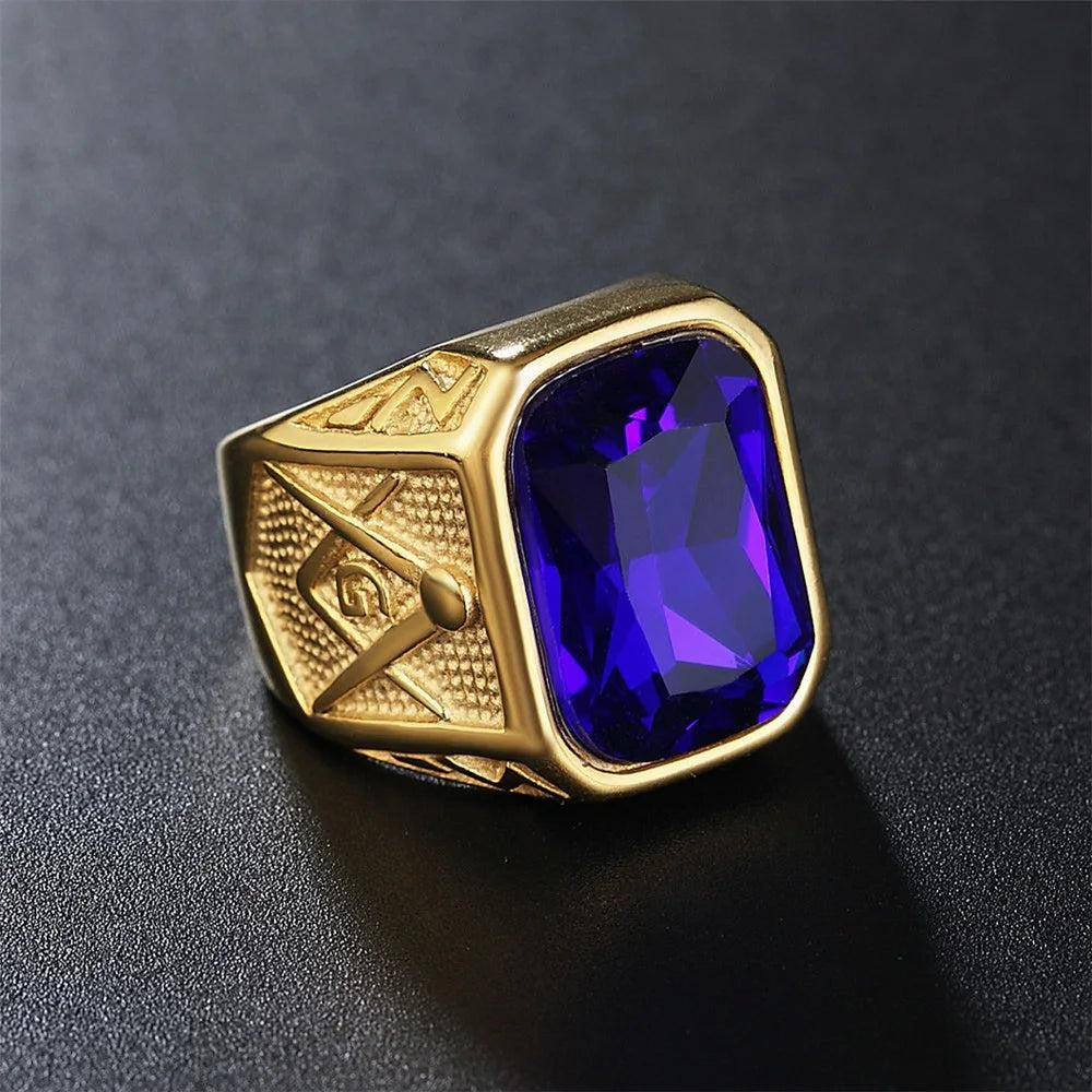 1️⃣ Masonic Square Stone Ring Blue Red Black Stainless Steel Biker Ring Men