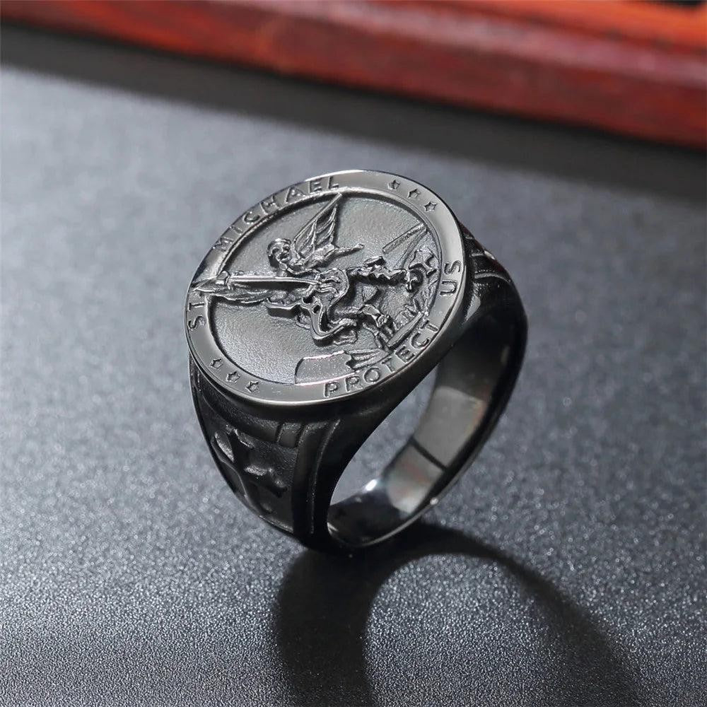 1️⃣ Saint Michael Angel Ring Stainless Steel Catholic Amulet Ring for Men