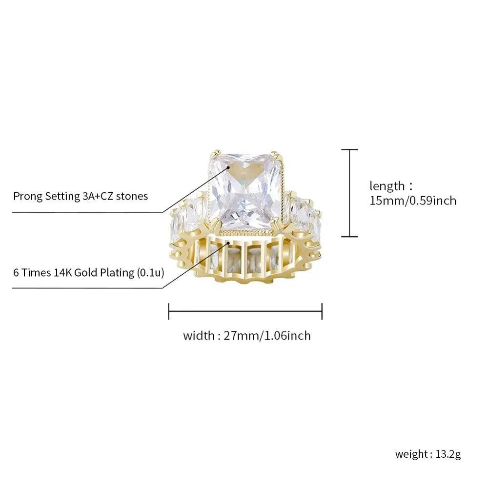 Square CZ Iced Out Ring – Gold Color Copper Hip Hop Cubic Zirconia Ring  Women
