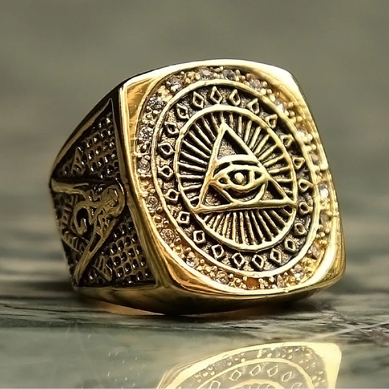 1️⃣ All Seeing Eye Ring Masonic Stainless Steel Crystal Gold Gothic Ring for Men
