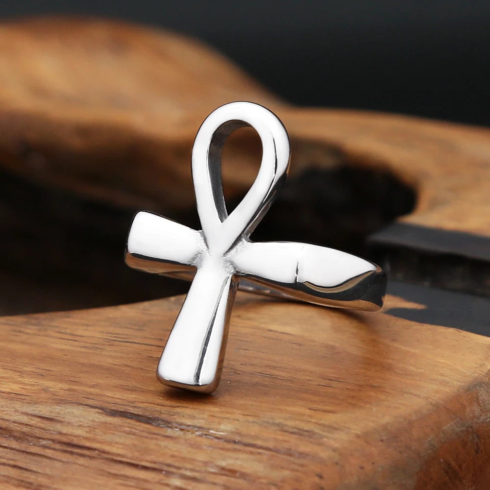 TOGA PULLACN Stainless Steel Egyptian Ankh Cross Finger Rings Punk Jewelry for M