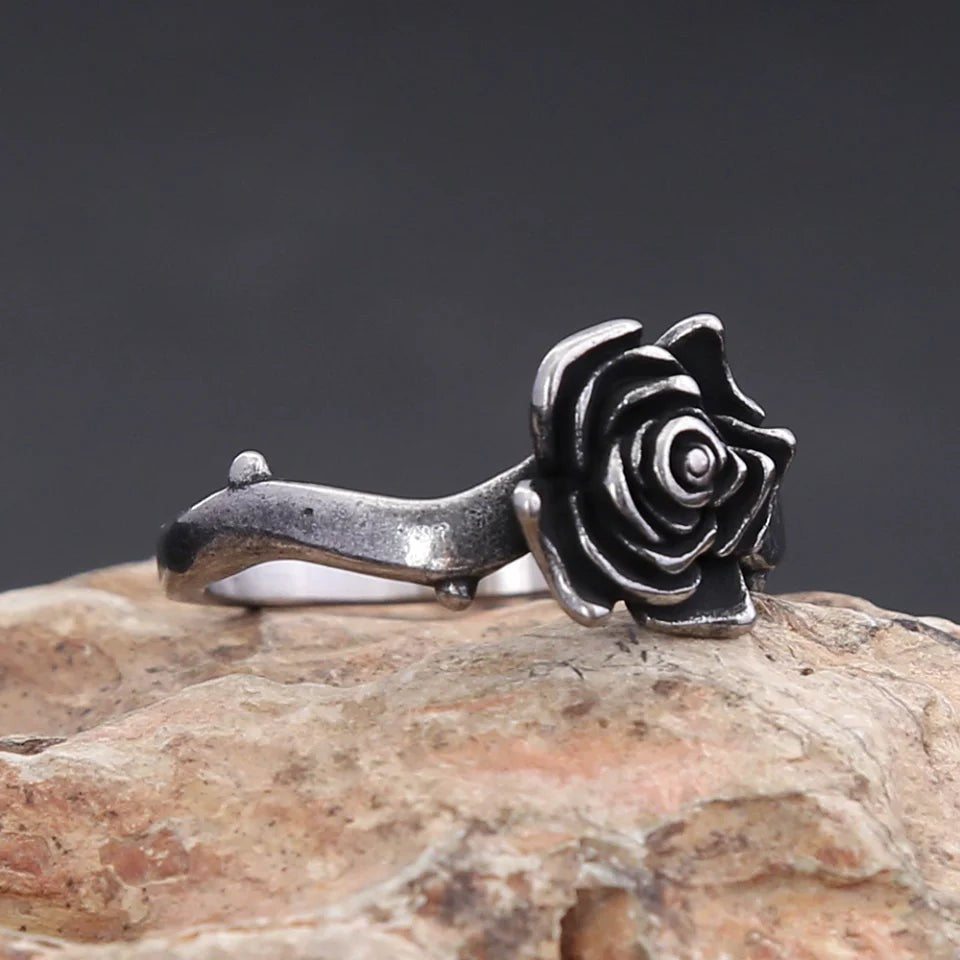 Vintage Black Rose Ring 316L Stainless Steel – Simple Trendy Ring for Women
