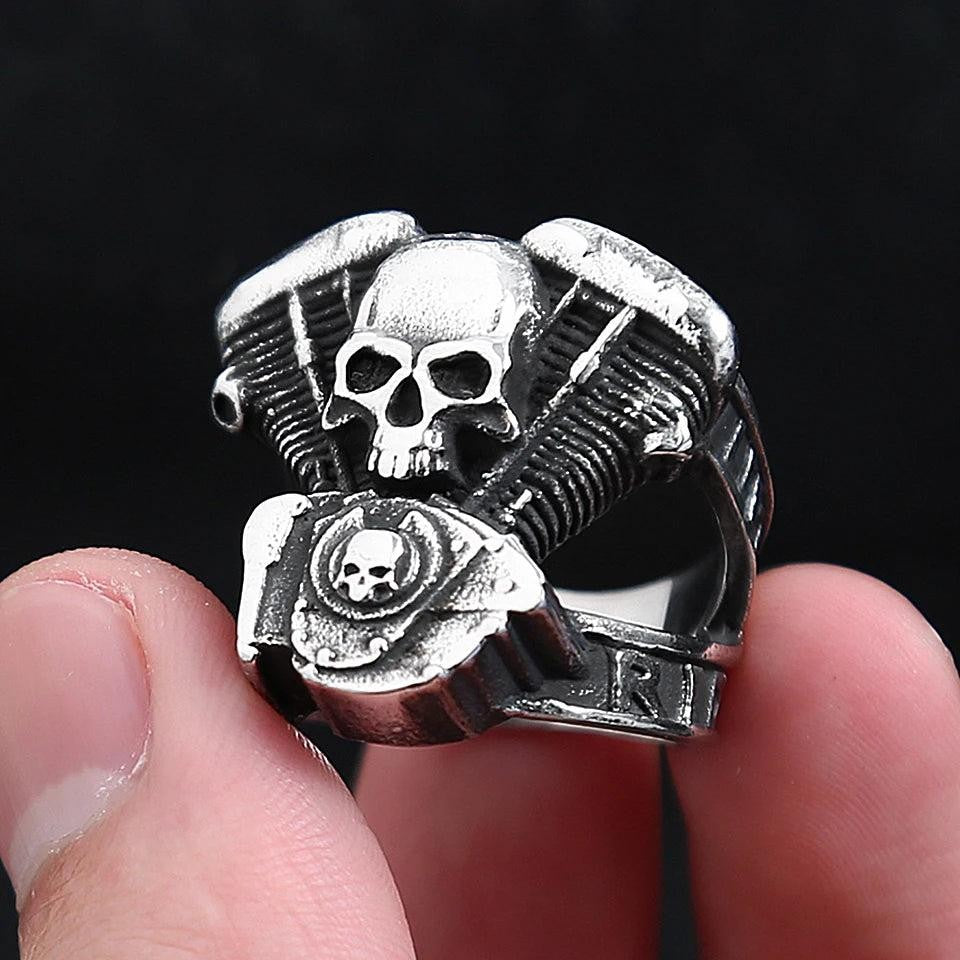 Fashion Vintage Steampunk Motorcycle Engine Skull Rings For Men 316L Stainless