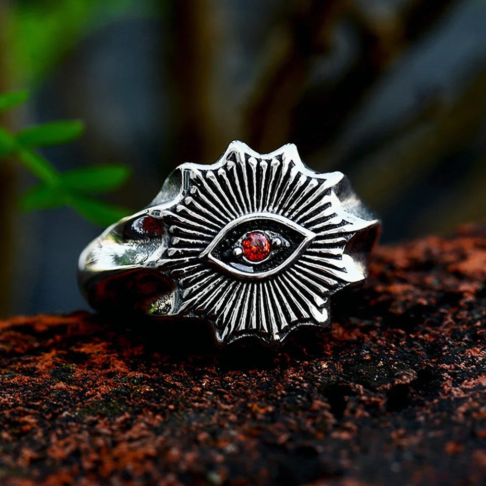 1️⃣ Demon Eye Ring Red Stone Stainless Steel Gothic Biker Ring for Men