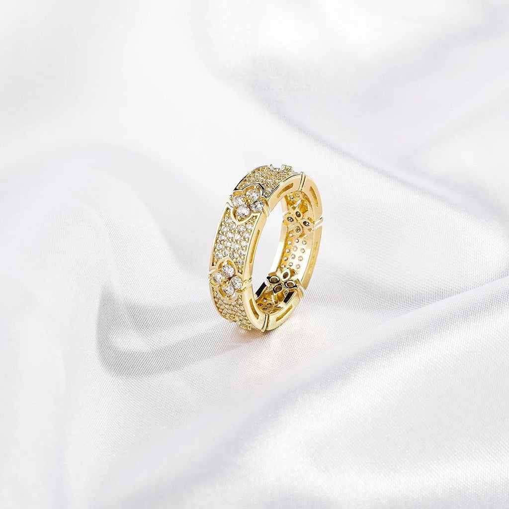 6MM Four Leaf Flower Ring | Iced Out Micro Pave CZ Engagement Ring for Men Women