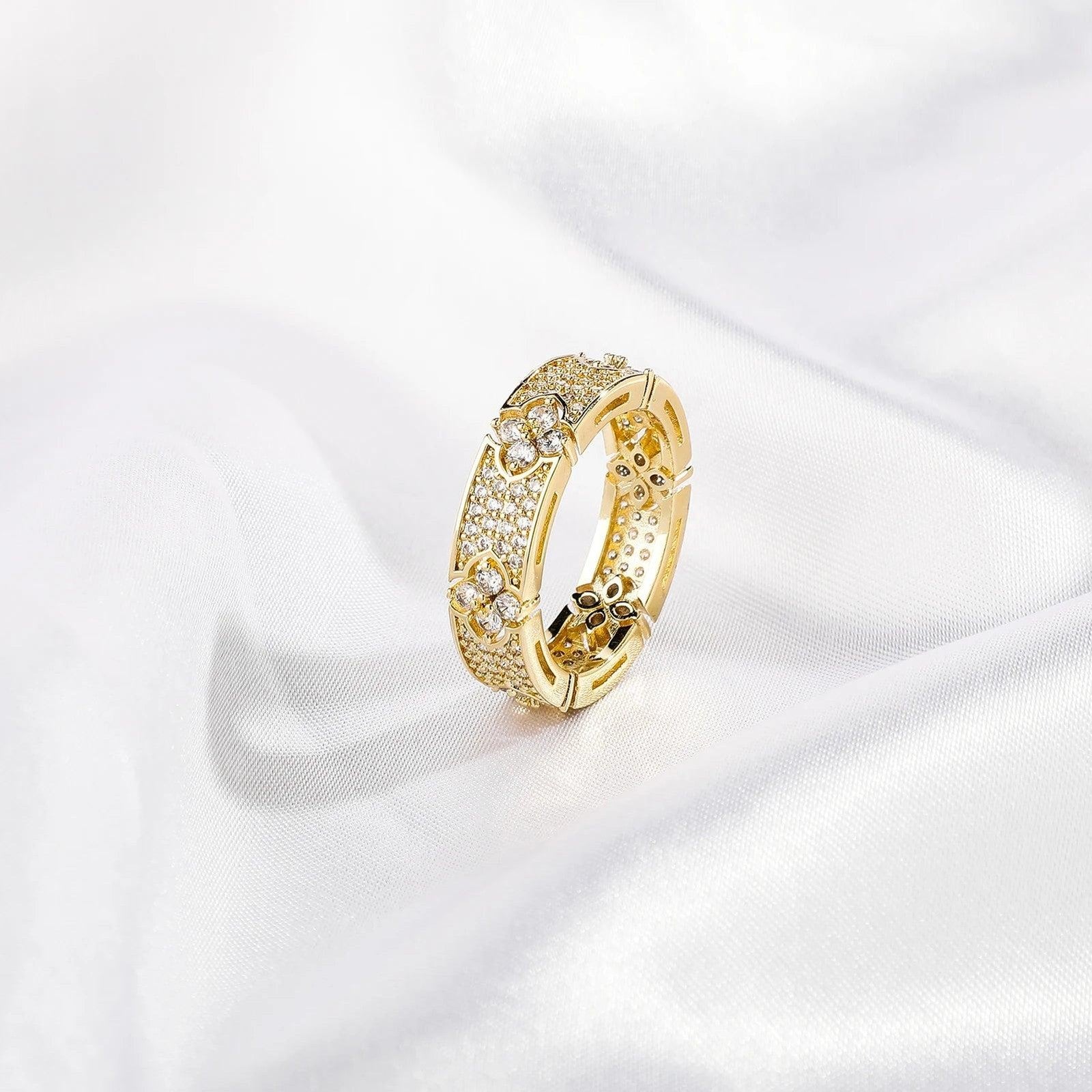 6MM Four Leaf Flower Ring | Iced Out Micro Pave CZ Engagement Ring for Men Women