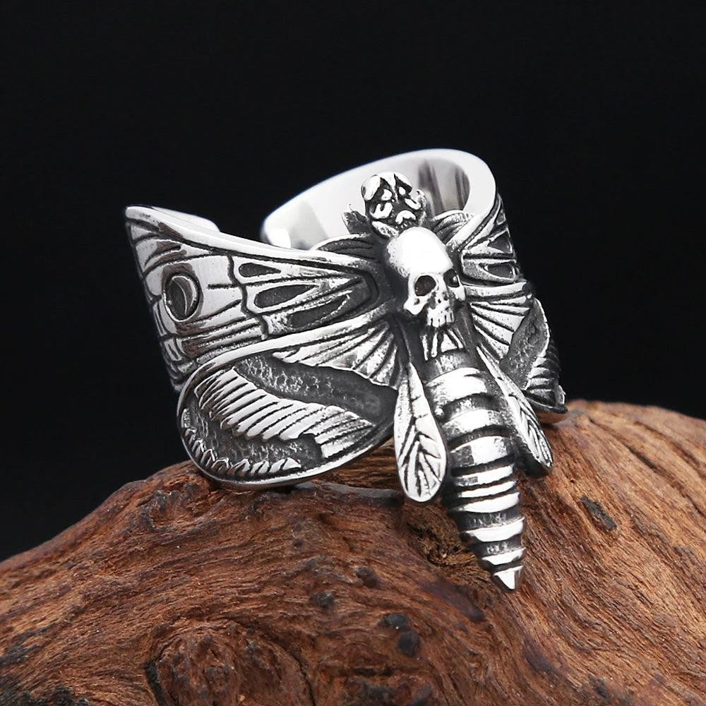 Butterfly Skull Ring 316L Stainless Steel – Gothic Punk Adjustable Ring Unisex