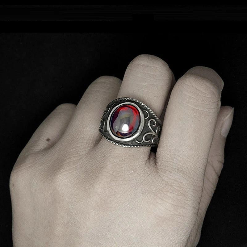 2️⃣ Vintage Gothic Garnet Ring Engraved Flower Stainless Steel Ring Men Women
