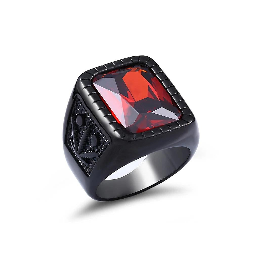 Stainless Steel Red Stone Square Ring – Punk Biker Black Leaf Ring for Men