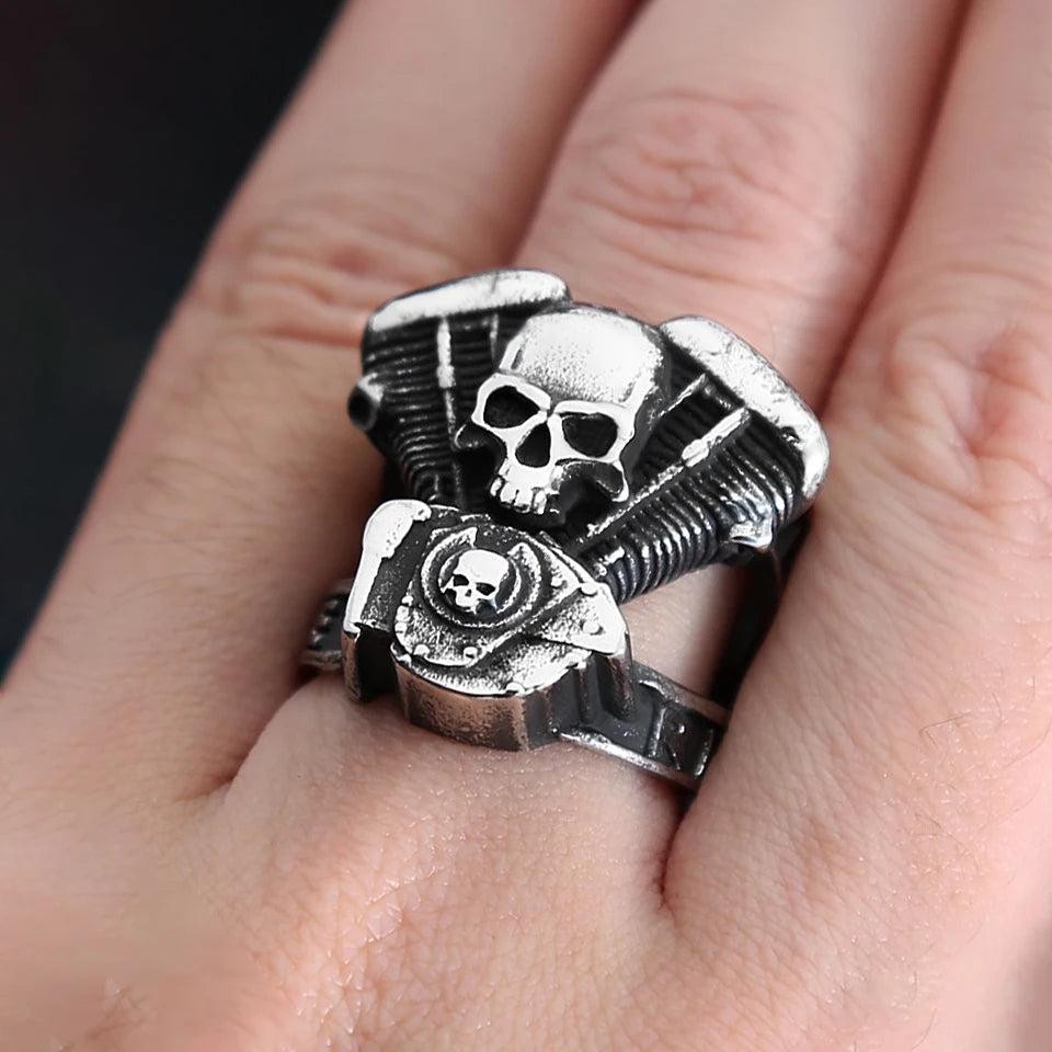 Fashion Vintage Steampunk Motorcycle Engine Skull Rings For Men 316L Stainless