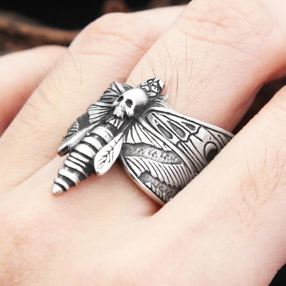 Butterfly Skull Ring 316L Stainless Steel – Gothic Punk Adjustable Ring Unisex