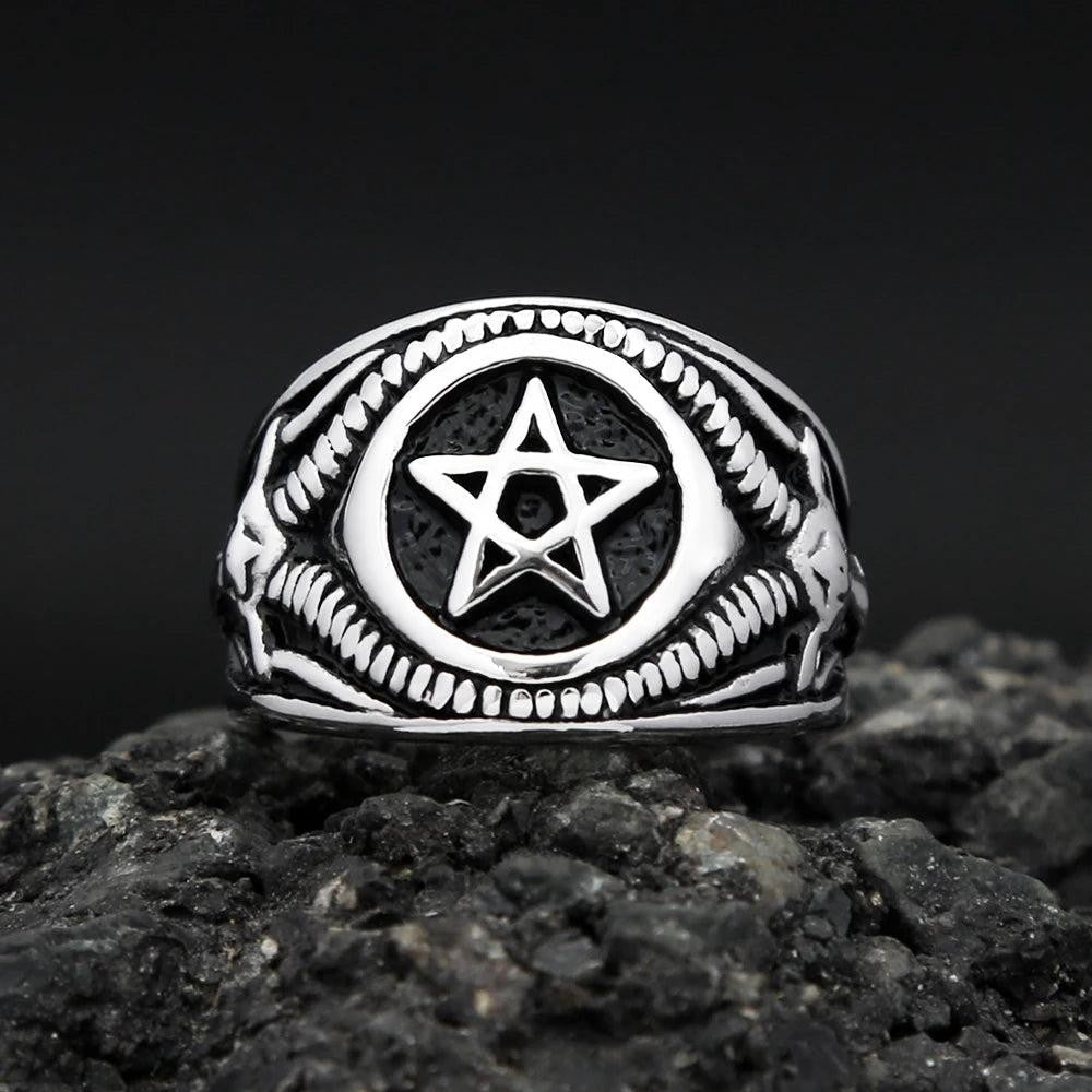 Vintage Pentagram Ring Stainless Steel – Gothic Goat Devil Demon Biker Ring