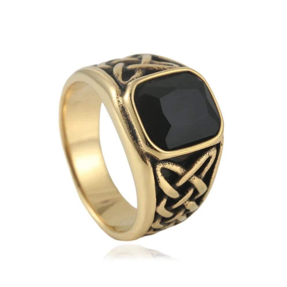 Stainless Steel Viking Rune Ring | Nordic Knot Square Red Stone Ring Unisex