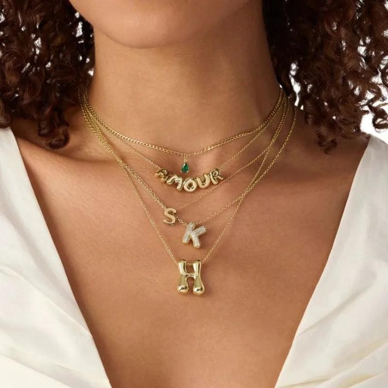 Stainless Steel PVD Bubble Chunky Initial Pendant Necklace 26 Letters Zircon Jew