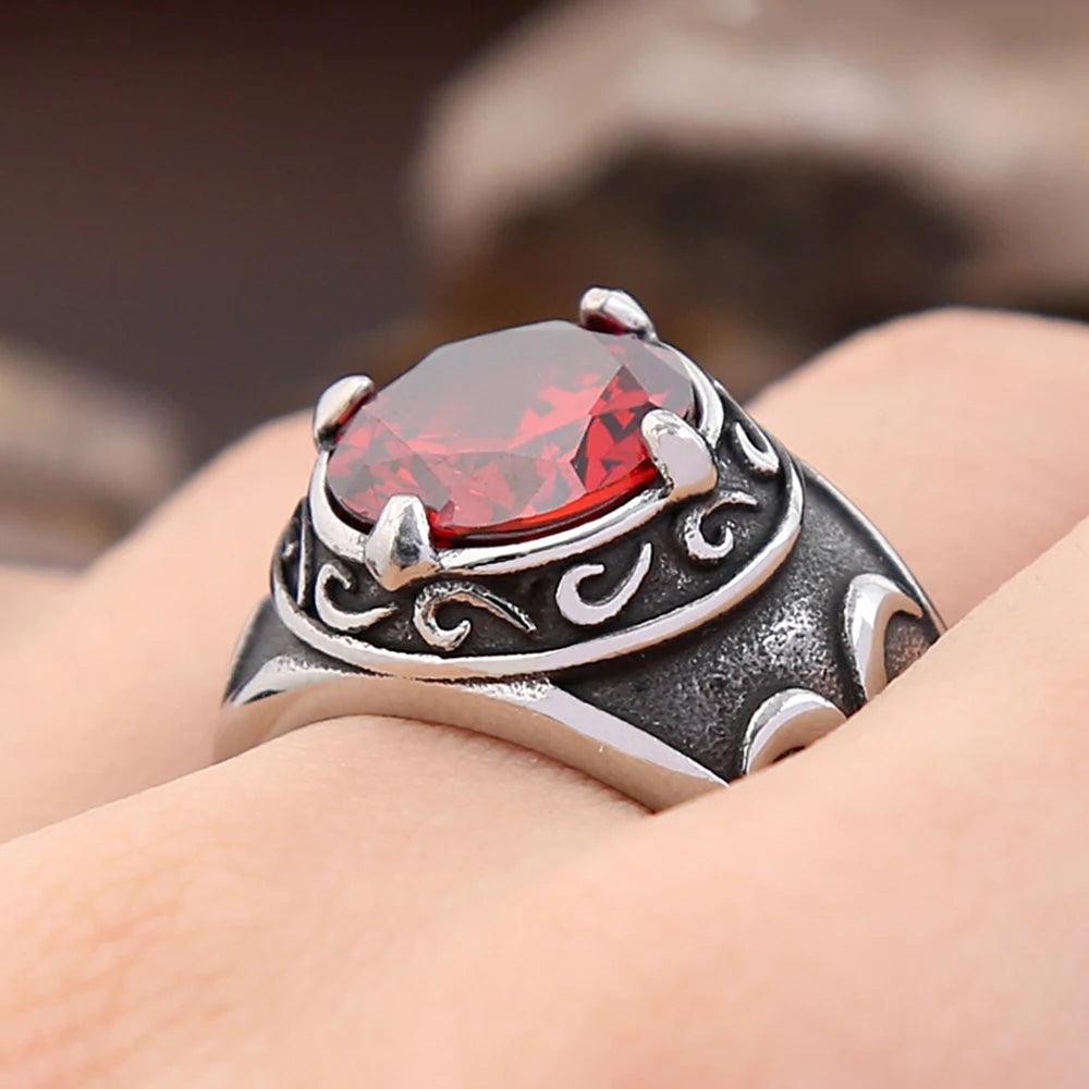 Stainless Steel Engraved Flower Ring Red Stone Vintage Punk Ring Men Women