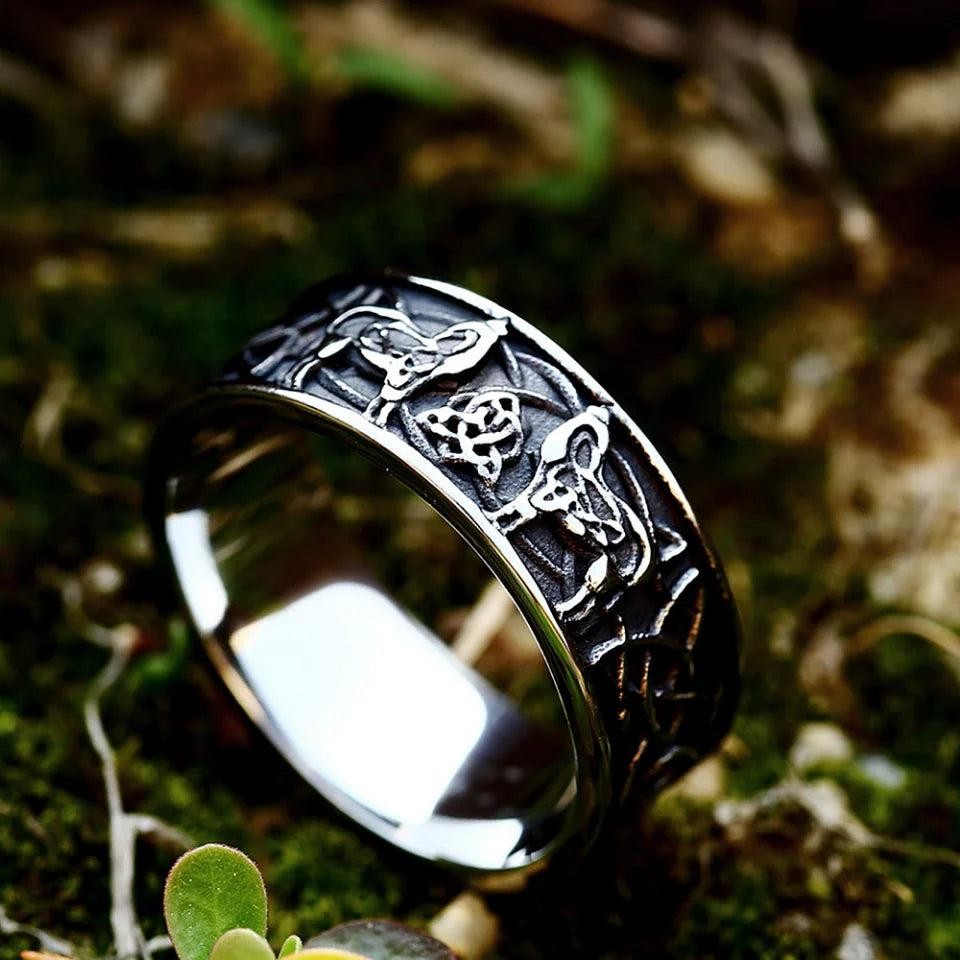 Stainless Steel Viking Wolf Ring | Celtic Knot Nordic Punk Amulet Ring