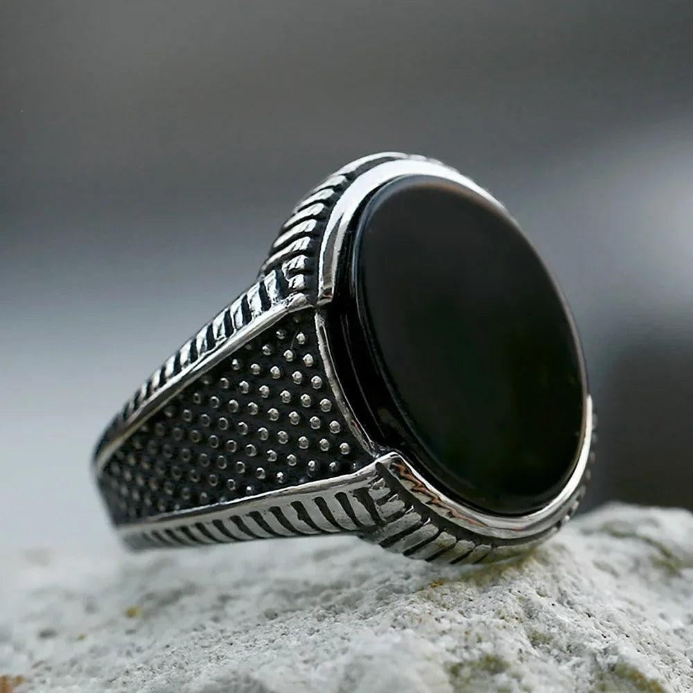 Natural Black Agate Vintage Gothic Ring 316L Stainless Steel  Turkish  Punk Ring
