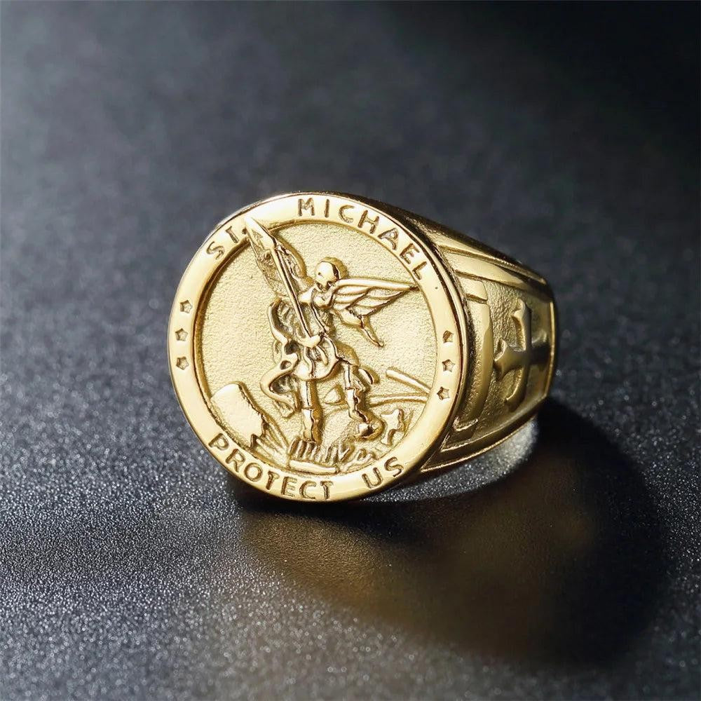 1️⃣ Saint Michael Angel Ring Stainless Steel Catholic Amulet Ring for Men